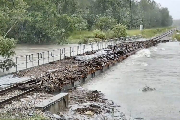 Flooding at Five Mile Creek yesterday (February 3). Image: Queensland Rail
