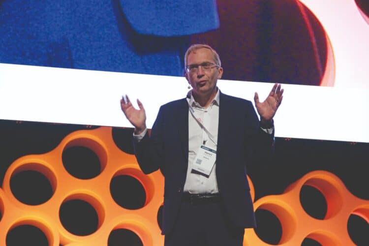 Henri Poupart-Lafarge, CEO of Alstom, addressing the crowd at AusRAIL PLUS 2025. Image: Prime Creative Media