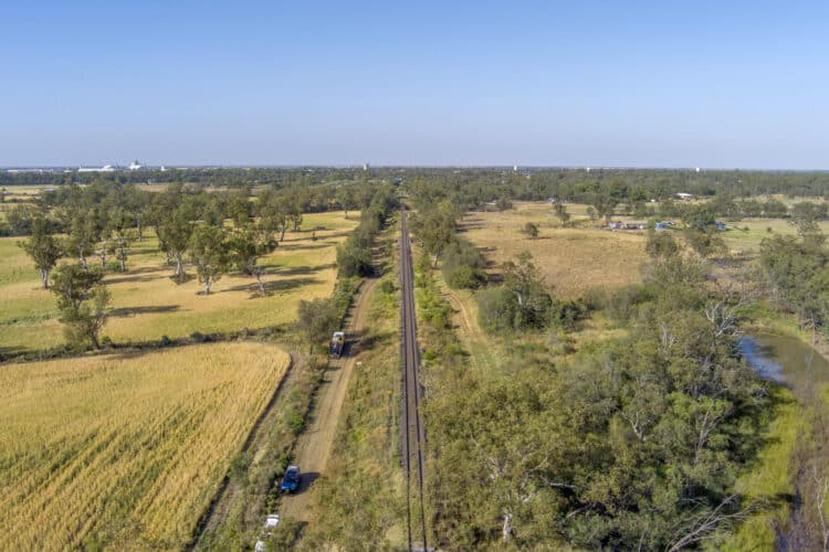 Narrabri to North Star Phase 2 section alignment at Skinners Creek, looking south towards Moree town center. Image: Inland Rail