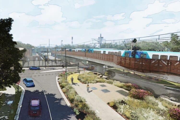 Looking north towards the new rail bridge at Ruthven Street, Macleod. (Artist's impression, subject to change.) Image: Victorian Government