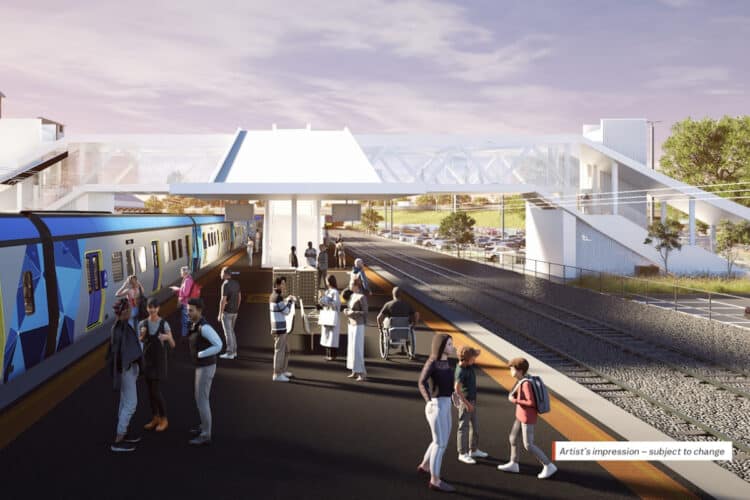 Early designs show the pedestrian overpass at the new Albion Station. Image: Victorian Government