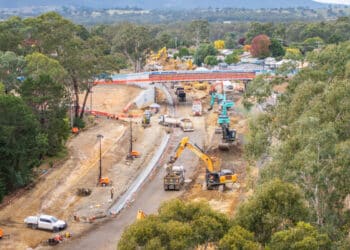 Track lowering under the Short Street bridge in Broadford, May 2026. Image: Inland Rail