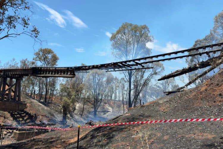 The former Beni Bridge was destroyed by a fast-moving grass fire in December 2025. Image: RFS