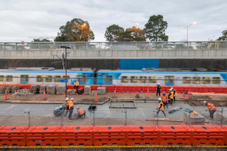 Crews working on the installation of pipework and canopy foundations. Image: Victorian Government